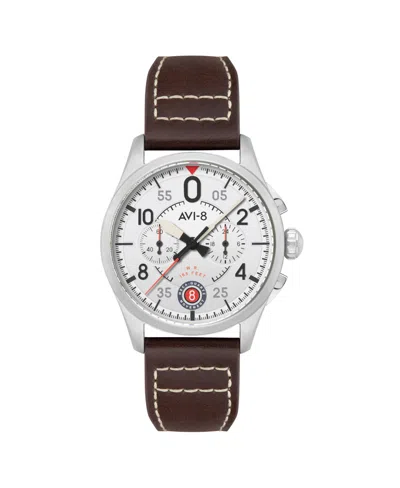 Avi-8 Men's Spitfire Lock Chronograph Brown Leather Strap Watch, 42mm In White