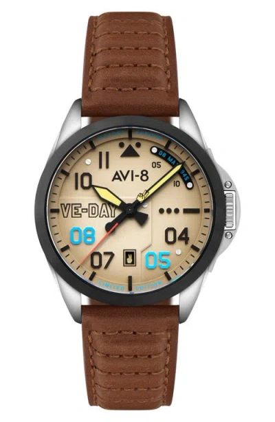 Avi-8 P-51 Mustang Patriot Automatic Ve-day 80th Anniversary Limited Edition Leather Strap Watch, 43 In Beige