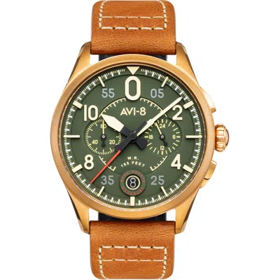 Avi-8 Spitfire Lock Green Dial Chronograph Leather Strap Watch, 42mm