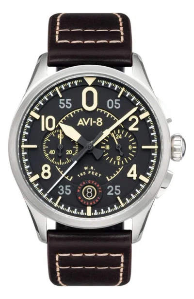 Avi-8 Spitfire Lock Midnight Oak Dial Chronograph Leather Strap Watch, 42mm In Black