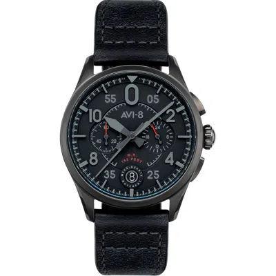 Avi-8 Spitfire Lock Slate Dial Chronograph Leather Strap Watch, 42mm In Black