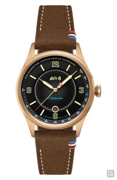 Avi-8 Flyboy Lafayette Automatic 110th Anniversary Limited Edition Leather Strap Watch, 42mm In Brown