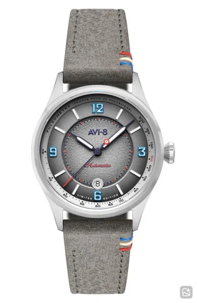 Avi-8 Flyboy Lafayette Automatic 110th Anniversary Limited Edition Leather Strap Watch, 42mm In Gray