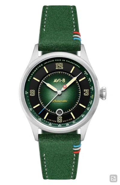 Avi-8 Flyboy Lafayette Automatic 110th Anniversary Limited Edition Leather Strap Watch, 42mm In Green