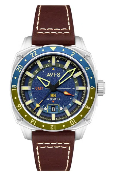 Avi-8 Hawker Hunter Atlas Gmt Automatic Leather Strap Watch, 44mm In Blue