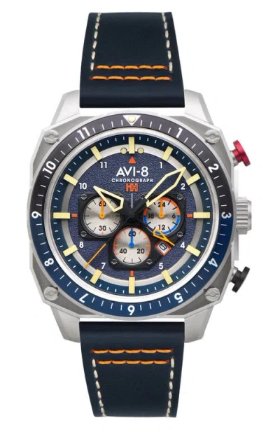 Avi-8 Hawker Hunter Atlas Pavillion Blue Dual Time Chronograph Leather Strap Watch, 43mm