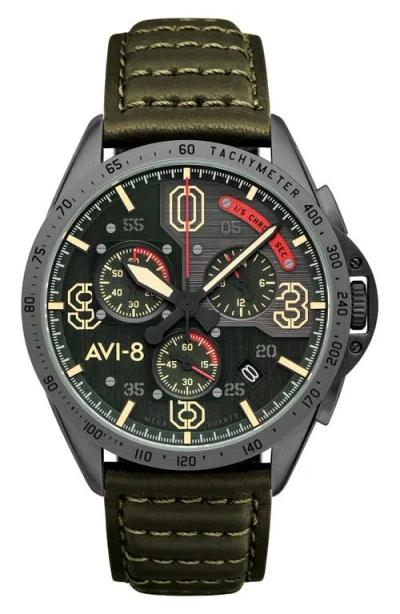 Avi-8 P-51 Mustang Blakeslee Chronograph Leather Strap Watch, 43mm In Green