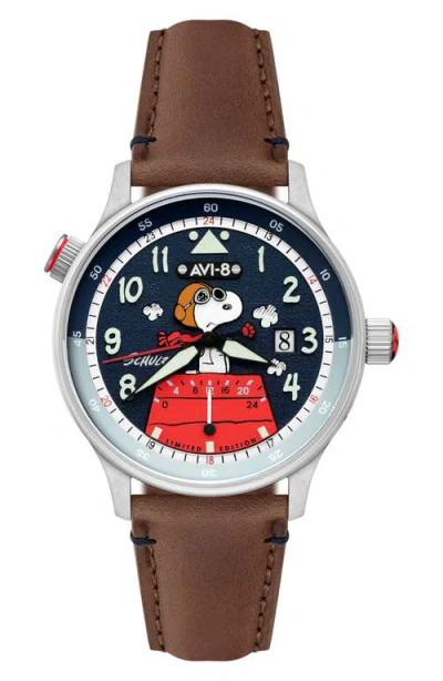 Avi-8 X Peanuts™ Hawker Hurricane Mckellar Snoopy Flying Ace Dual Time Leather Strap Watch, 43.5mm In Brown