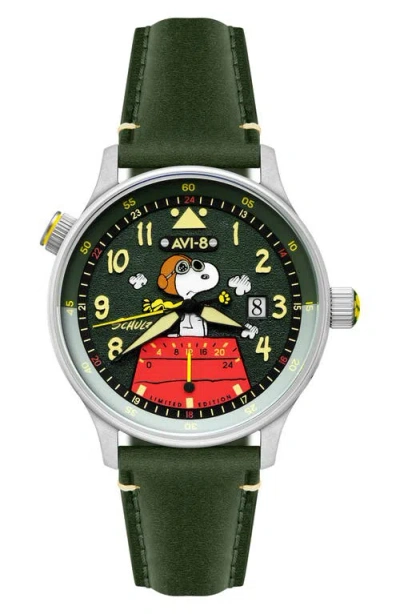 Avi-8 X Peanuts™ Hawker Hurricane Mckellar Snoopy Flying Ace Dual Time Leather Strap Watch, 43.5mm In Green