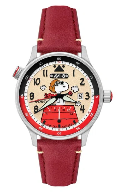 Avi-8 X Peanuts™ Hawker Hurricane Mckellar Snoopy Flying Ace Dual Time Leather Strap Watch, 43.5mm In Red