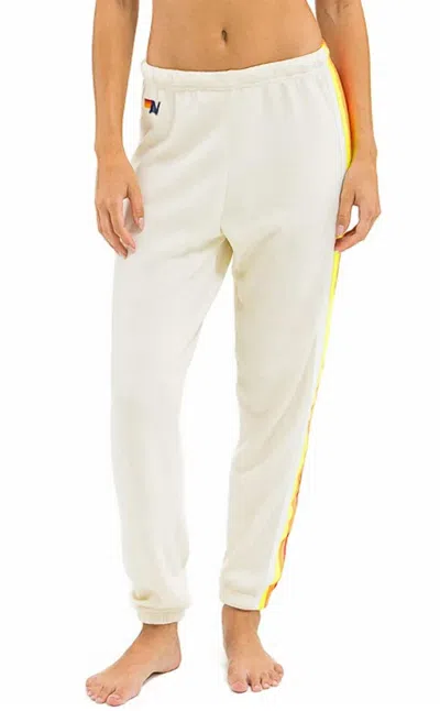 Aviator Nation 5 Stripe Sweatpants In Vintage White/white Neon