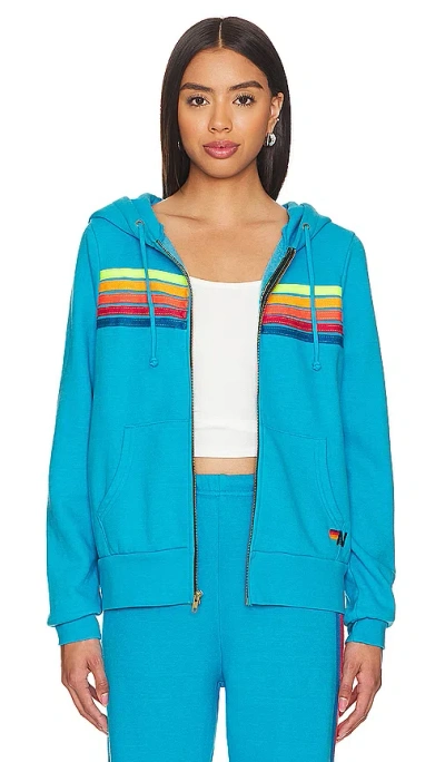 Aviator Nation 5 Stripe Zip Hoodie In Neon Blue & Neon Rainbow