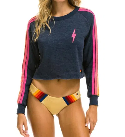 Aviator Nation Bolt Crop Crew Sweatshirt In Navy Neon Stripe In Blue