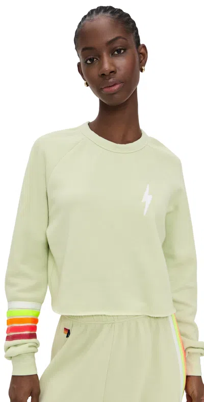 Aviator Nation Bolt Rugby Stitch Cropped Crew Sweatshirt Lime Cream/white Neon