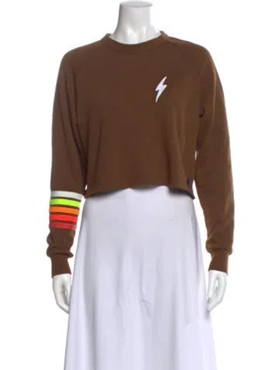 Pre-owned Aviator Nation Crew Neck Long Sleeve Crop Top In Brown