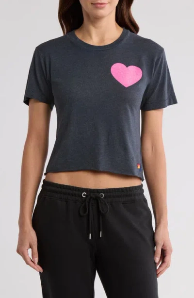 Aviator Nation Glitter Heart Crop T-shirt In Charcoal/neon Pink