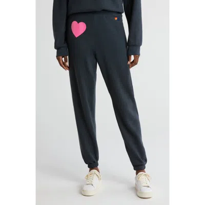 Aviator Nation Glitter Heart Sweatpants In Charcoal/neon Pink