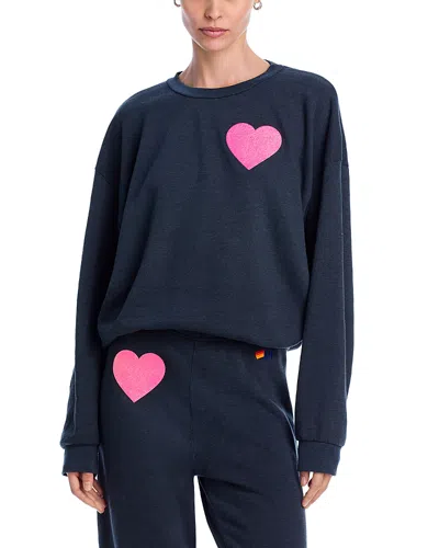Aviator Nation Glitter Heart Sweatshirt In Char/neon Pink