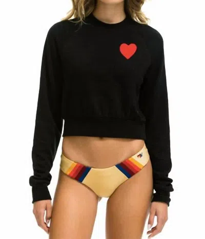 Aviator Nation Heart Embroidery Cropped Crew Sweatshirt In Black