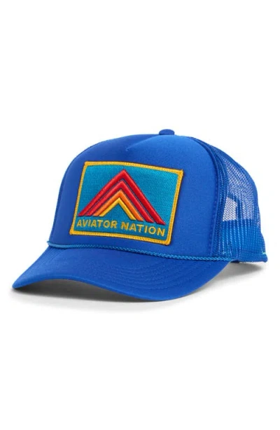 Aviator Nation Mountain Stripe Logo Embroidered Snapback Trucker Hat In Blue