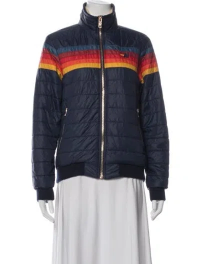 Pre-owned Aviator Nation Nylon Colorblock Pattern Bomber Jacket In Blue