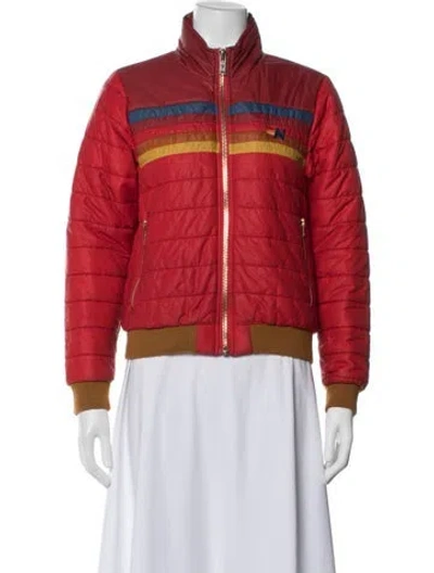 Pre-owned Aviator Nation Nylon Colorblock Pattern Bomber Jacket In Red