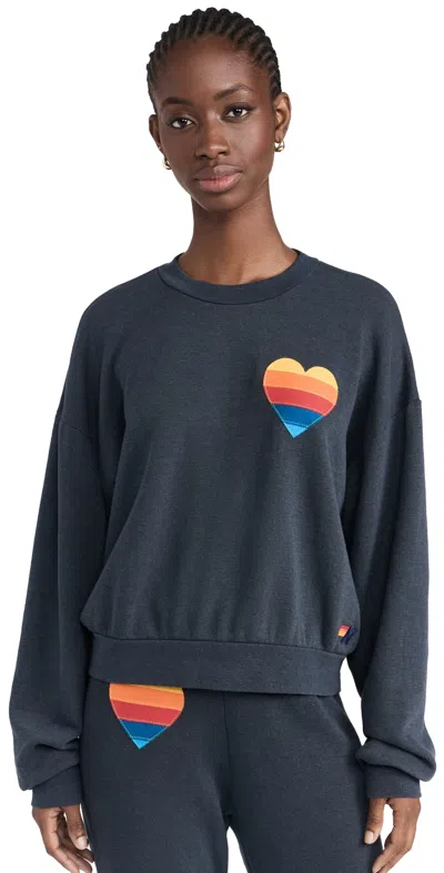 Aviator Nation Rainbow Heart Stitch Relaxed Crew Sweatshirt Charcoal In Blue
