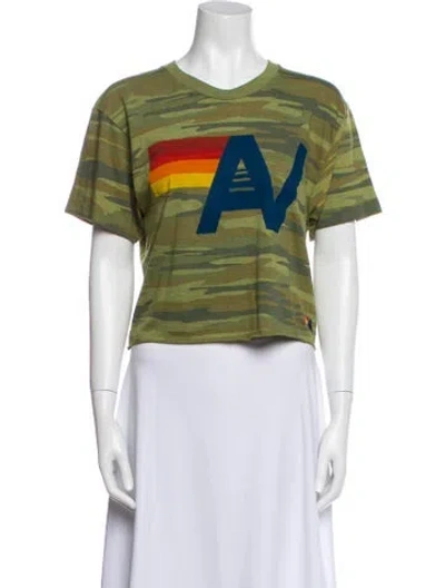 Pre-owned Aviator Nation Striped Crew Neck Crop Top In Green