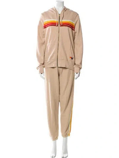 Pre-owned Aviator Nation Striped Embroidered Accent Pantsuit In Neutral