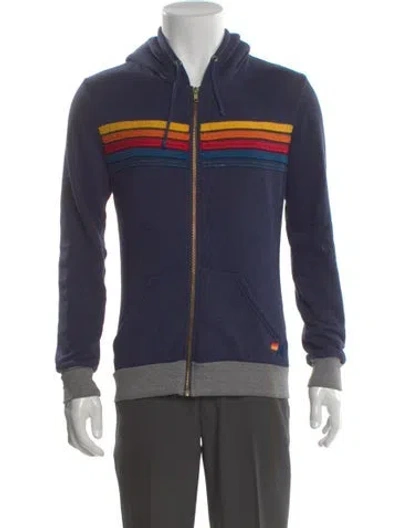 Pre-owned Aviator Nation Striped Mock Neck Hoodie In Blue