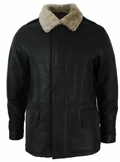 Pre-owned Aviatrix Mens Real Shearling Sheepskin 3/4 Overcoat Brown Beige Fur Warm Winter In Mix
