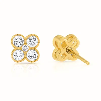 Avir New York Women's Solid Yellow Gold Flower Clover Beaded Earrings Grown Diamond Half Carat Weight Stud Earring