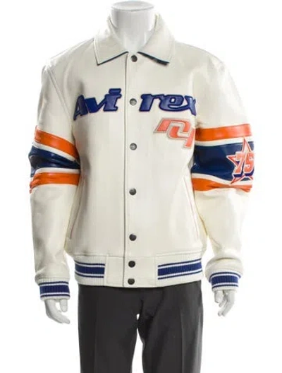 Pre-owned Avirex Lamb Leather Colorblock Pattern Varsity Jacket W/ Tags In Neutral