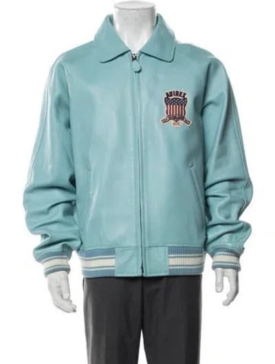Pre-owned Avirex Lamb Leather Graphic Print Bomber Jacket In Blue