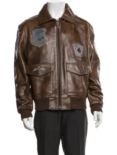 Pre-owned Avirex Lamb Leather Graphic Print Bomber Jacket In Brown