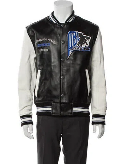 Pre-owned Avirex Lamb Leather Graphic Print Varsity Jacket In Black