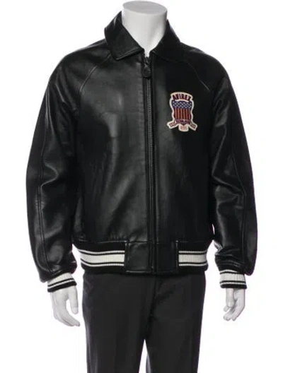 Pre-owned Avirex Lamb Leather Graphic Print Varsity Jacket In Black