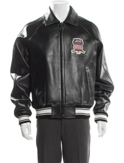 Pre-owned Avirex Lamb Leather Graphic Print Varsity Jacket In Black
