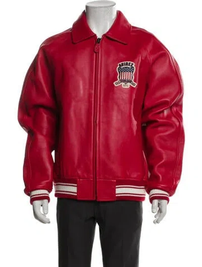 Pre-owned Avirex Lamb Leather Graphic Print Varsity Jacket In Red