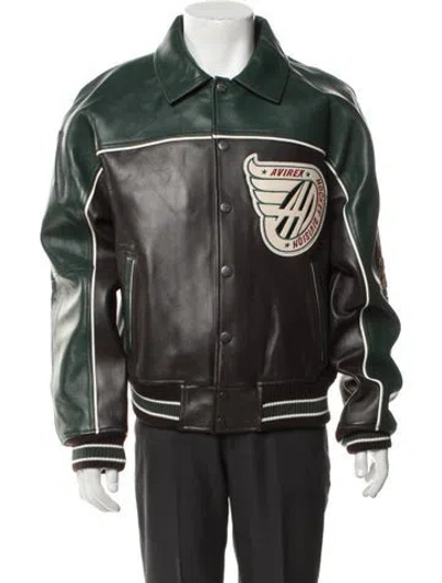 Pre-owned Avirex Lamb Leather Graphic Print Varsity Jacket W/ Tags In Green