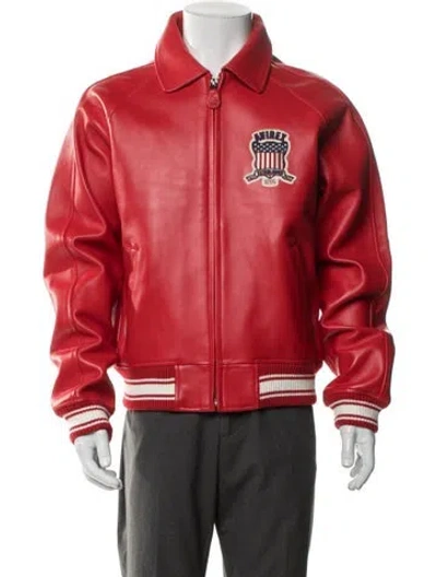 Pre-owned Avirex Lamb Leather Striped Varsity Jacket In Red