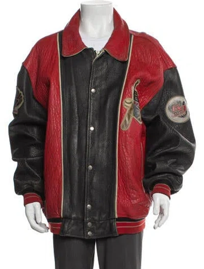 Pre-owned Avirex Leather Colorblock Pattern Denim Jacket In Red