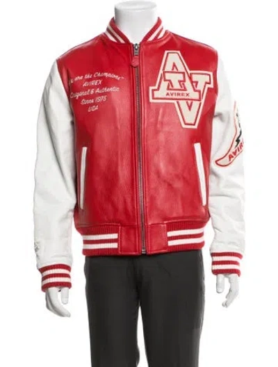 Pre-owned Avirex Leather Graphic Print Varsity Jacket In Red