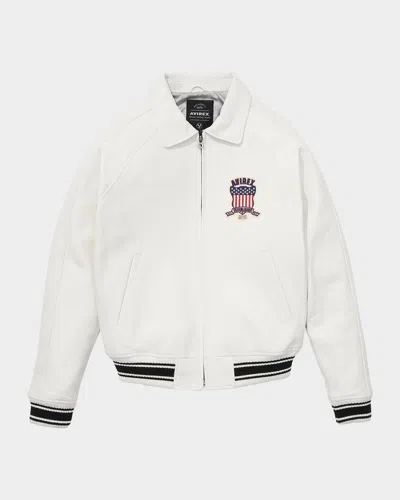 Avirex Men & Apos;s Icon Logo Leather Bomber Jacket In White