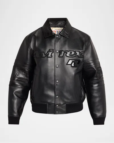 Avirex Men & Apos;s Legends Leather Croc-effect Trim Bomber Jacket In Black