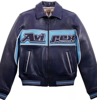 Pre-owned Avirex Men's  Bomber Vintage Blue Nitro Run Embroidered Leather Bomber Jacket