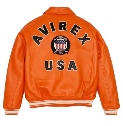 Pre-owned Avirex Men's  Leather Jacket Orange Real Bomber American Flight 100% Lamb Jacket