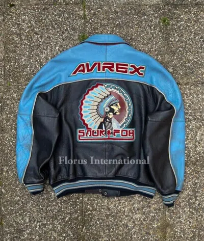 Pre-owned Avirex Men's  Real Bomber Vintage Blue 90s Embroidered Leather Bomber Jacket