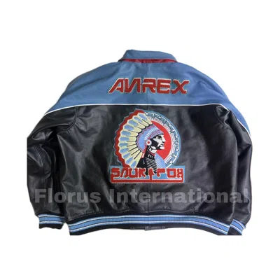 Pre-owned Avirex Men's  Real Bomber Vintage Blue 90s Embroidered Leather Bomber Jacket