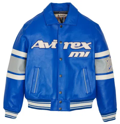Pre-owned Avirex Men's  Real Leather Varsity Jacket Limited Edition City Serie Detroit In Blue